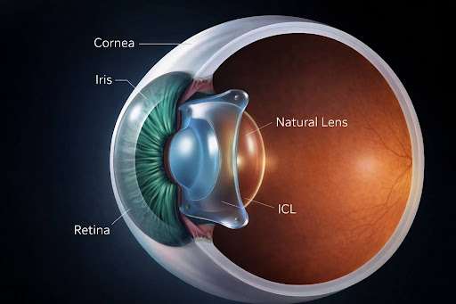ICL eye surgery illustration for thick glasses removal 