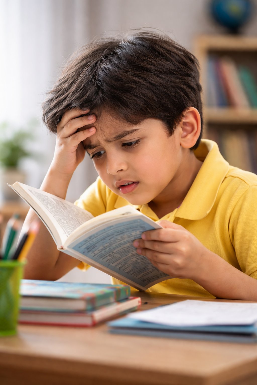 Child having difficulty reading book due to weak eyesight